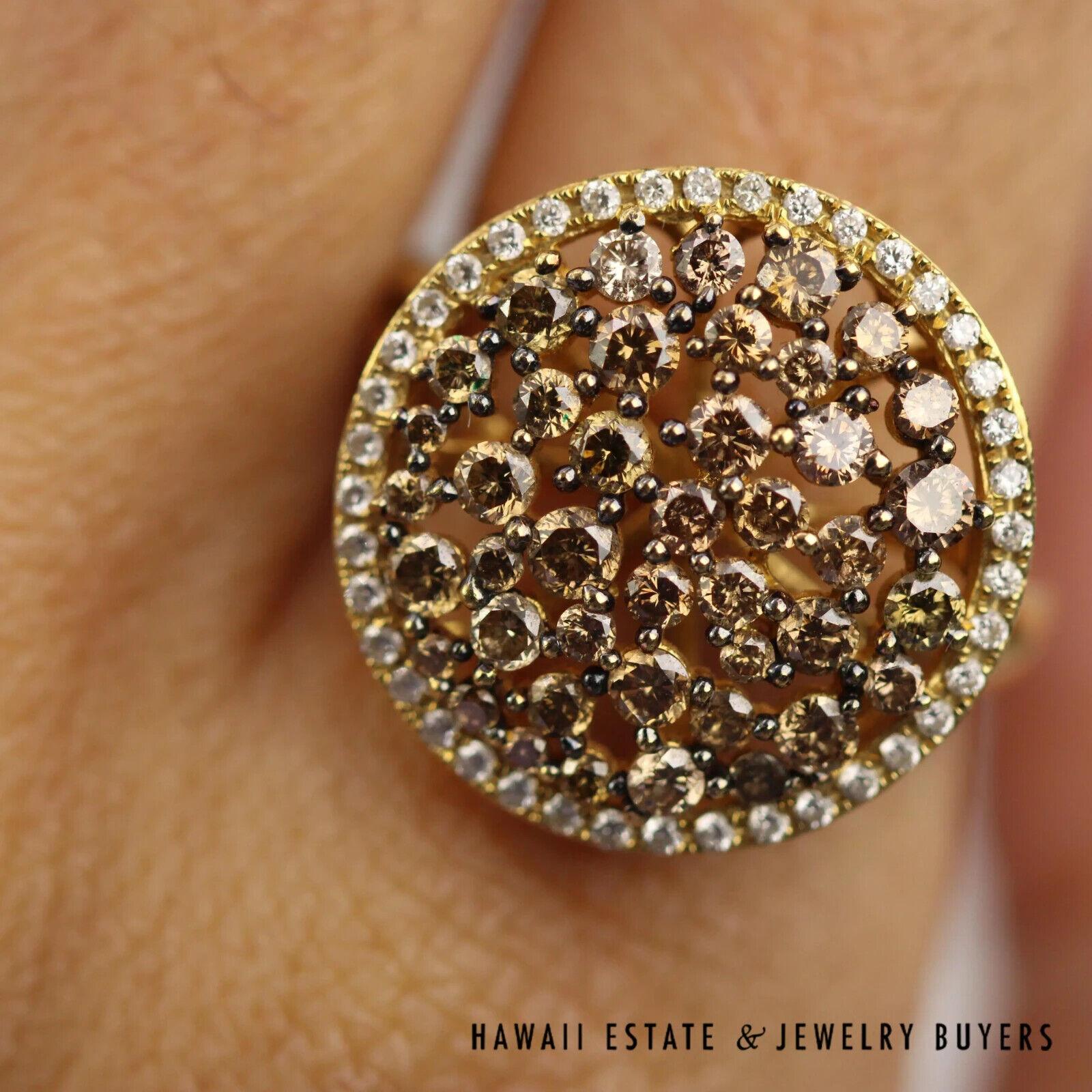 Chocolate & White Diamond Cluster Ring 1.50 Carats in 18K Yellow Gold Size 6.5