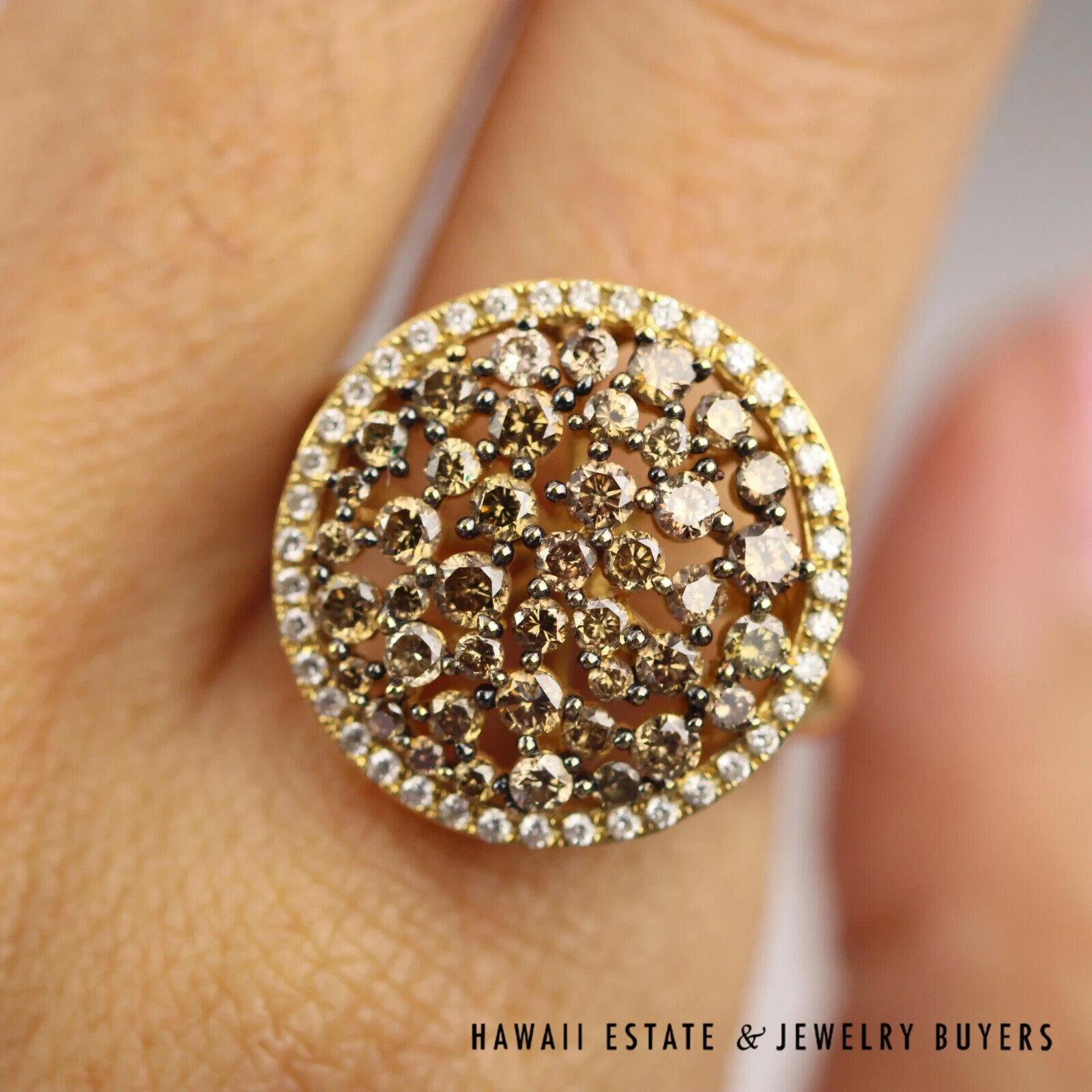 Chocolate & White Diamond Cluster Ring 1.50 Carats in 18K Yellow Gold Size 6.5 - Image 7