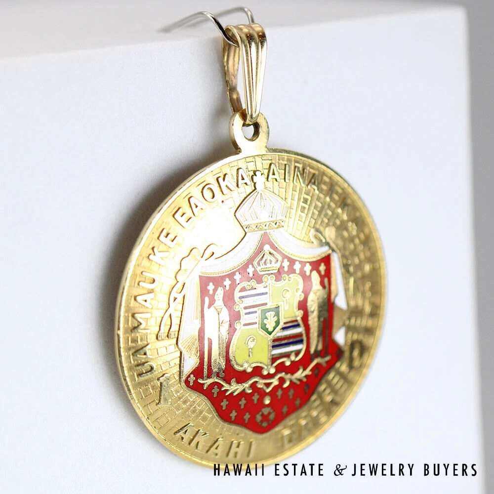 Rare Vintage Enamel Hawaiian Crest Dawkins Benny 14K Yellow Gold Pendant - Image 2