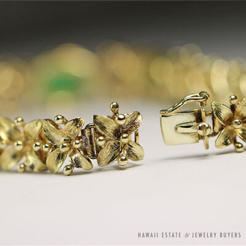VINTAGE BURMESE JADEITE JADE & DIAMOND FLORAL 14K YELLOW GOLD BRACELET W/ GEMOLOGIST APPRAISAL - Image 5