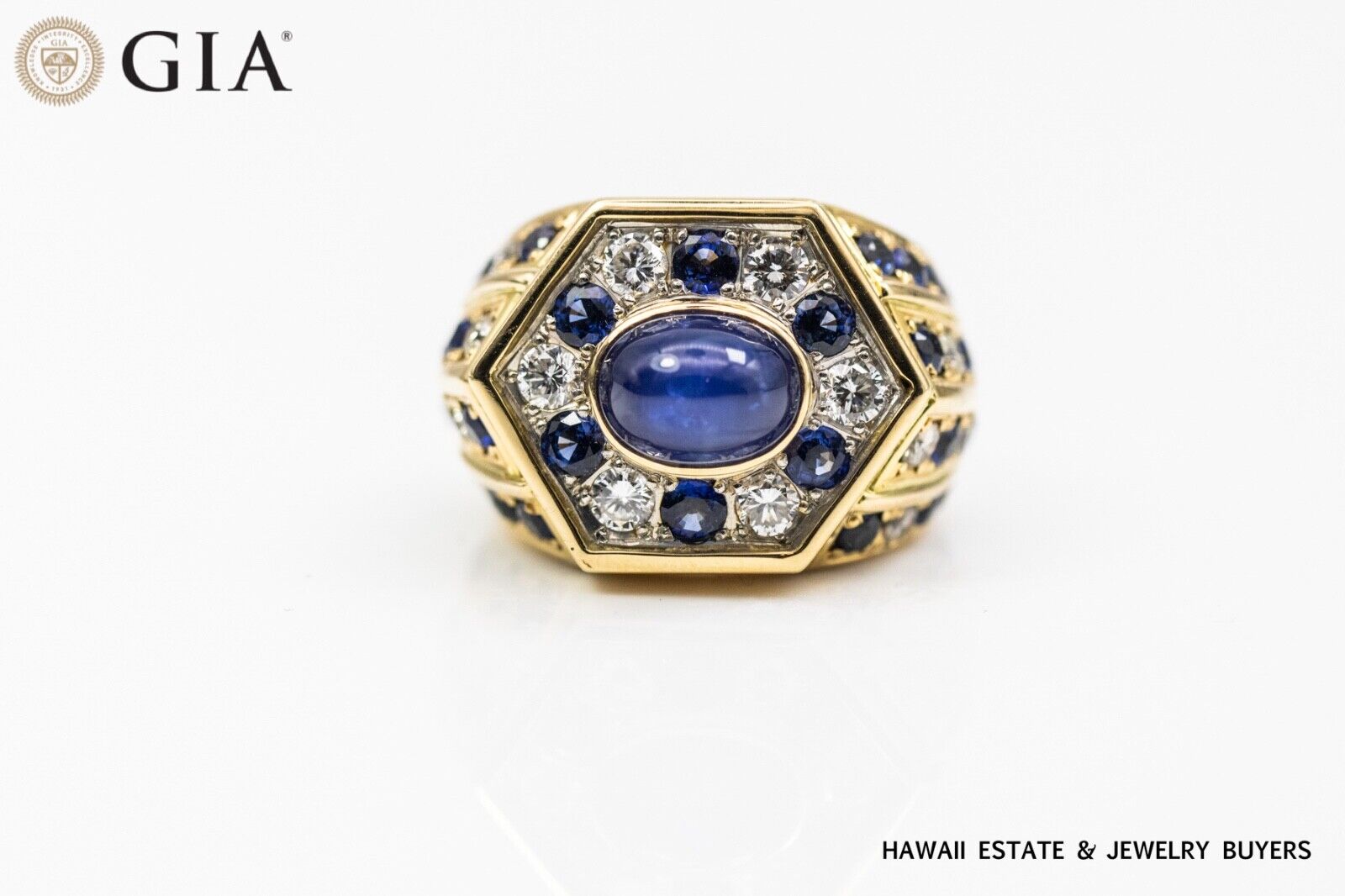 GIA 24.5g 18KYG/PLATINUM SAPPHIRE AND DIAMOND RING SIZE 7