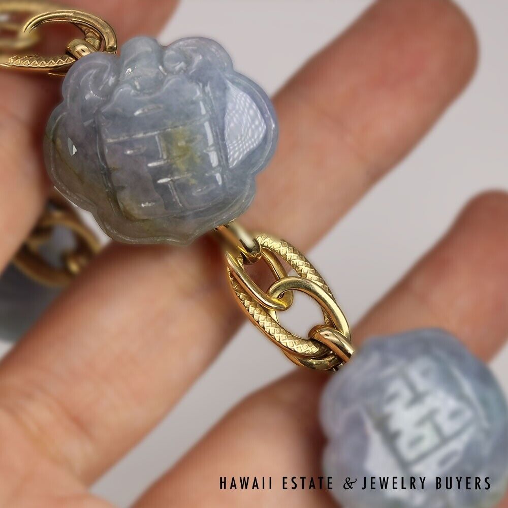 Chinese Carved Lavender Jade Suite 14K 18K Gold Necklace Bracelet Earrings - Image 10