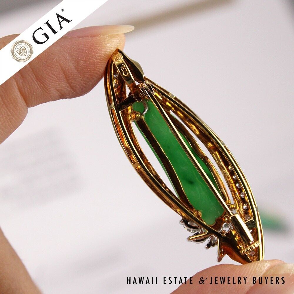GIA Grade A Green NATURAL Jadeite Jade 0.66ctw Diamond 18K Yellow Gold Brooch - Image 4