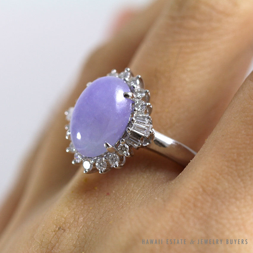 Light Purple Jadeite Jade & Diamond Halo Ring in 18K White Gold Size 6.5 - Image 7