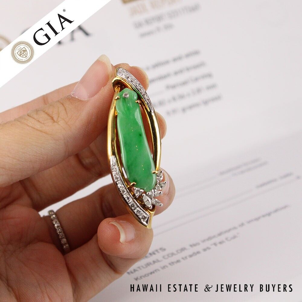 GIA Grade A Green NATURAL Jadeite Jade 0.66ctw Diamond 18K Yellow Gold Brooch - Image 3