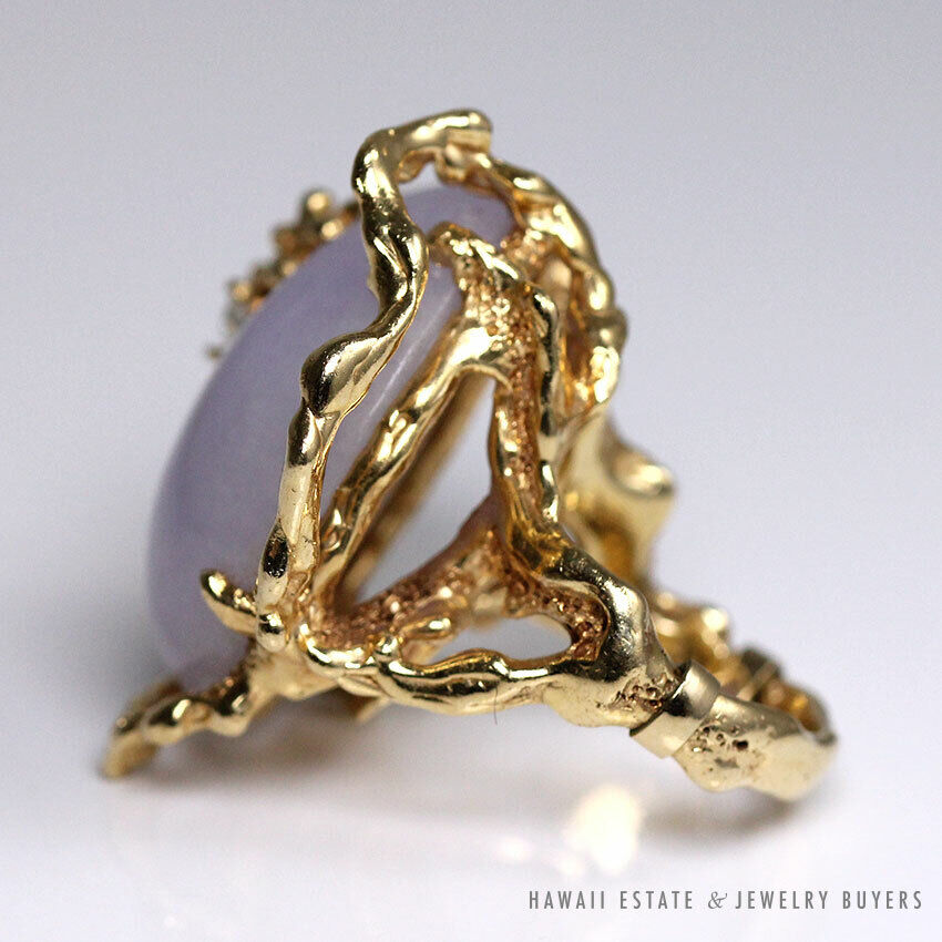 Lavender Jade Cabochon & Diamond 14K Yellow Gold Free Form Branch Ring Size 5 - Image 4