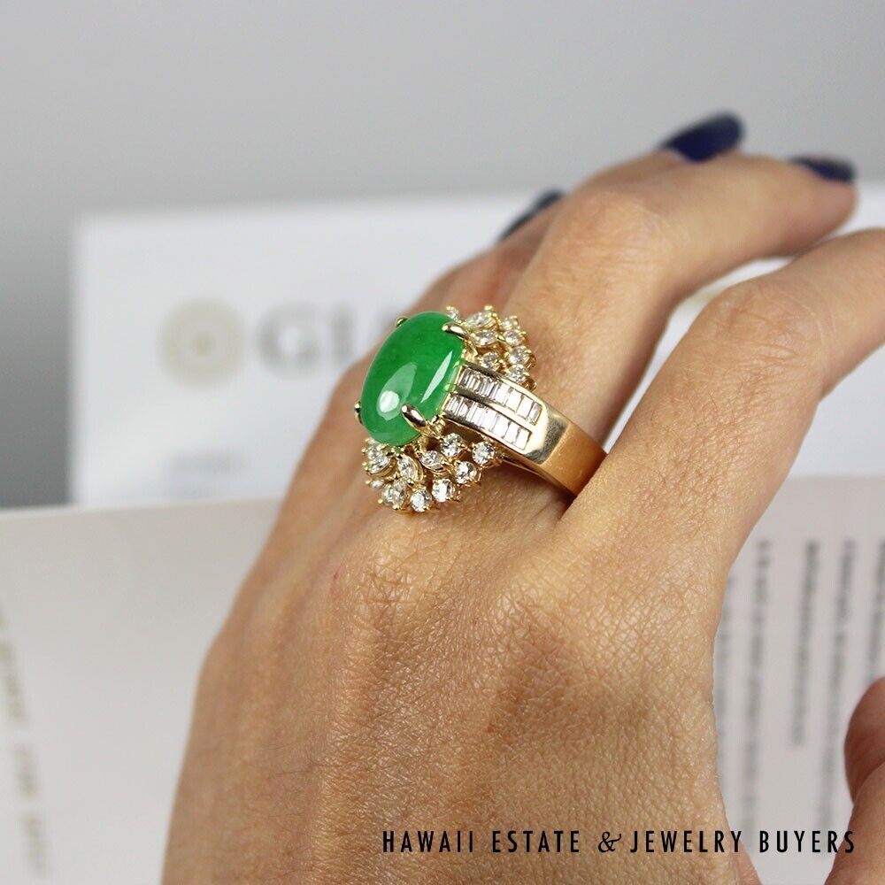 GIA Natural Imperial A Jadeite Jade Cab and 3.86ctw VS/GH Diamond 18K Ring - Image 8