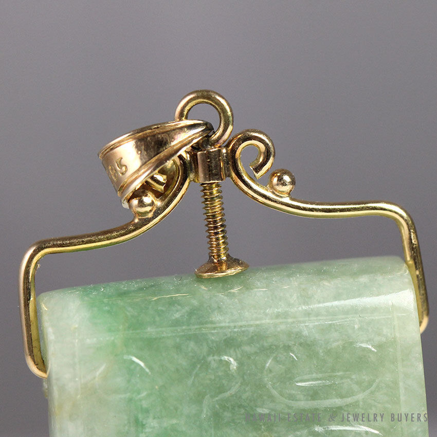 Carved Mottled Green Jade Belt Piece Pendant with Removable 14K Yellow Gold Bale - Image 2