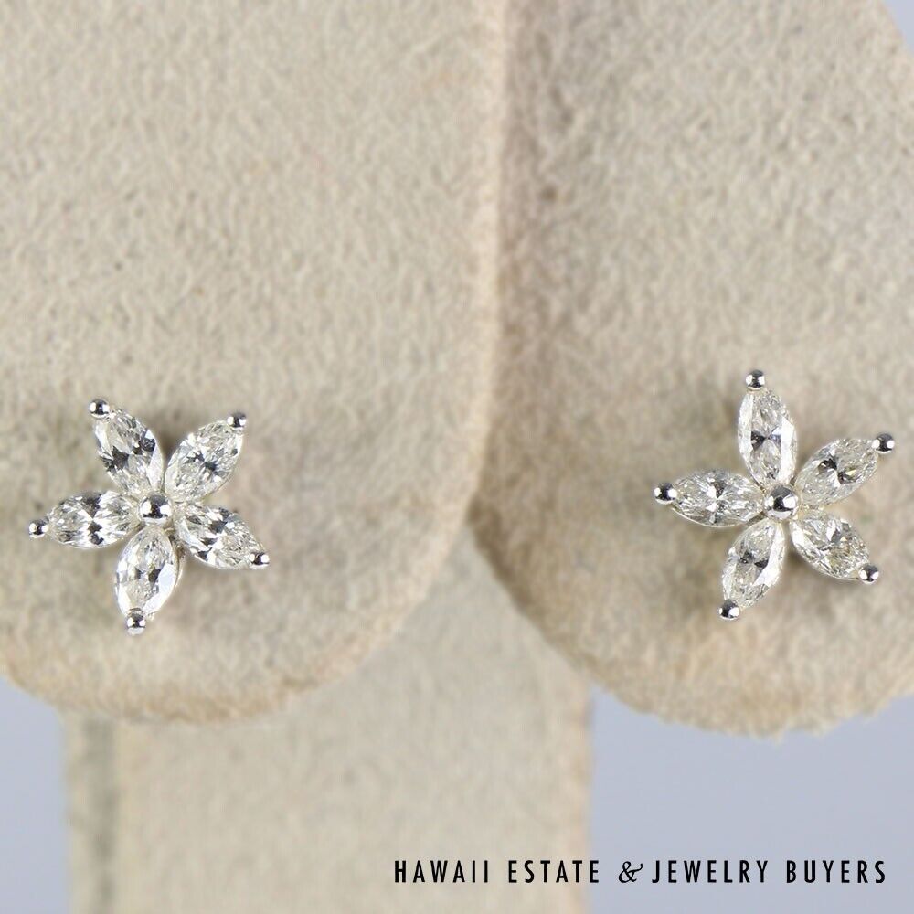 Marquise Diamond 14K White Gold Flower Star Earrings - Image 6