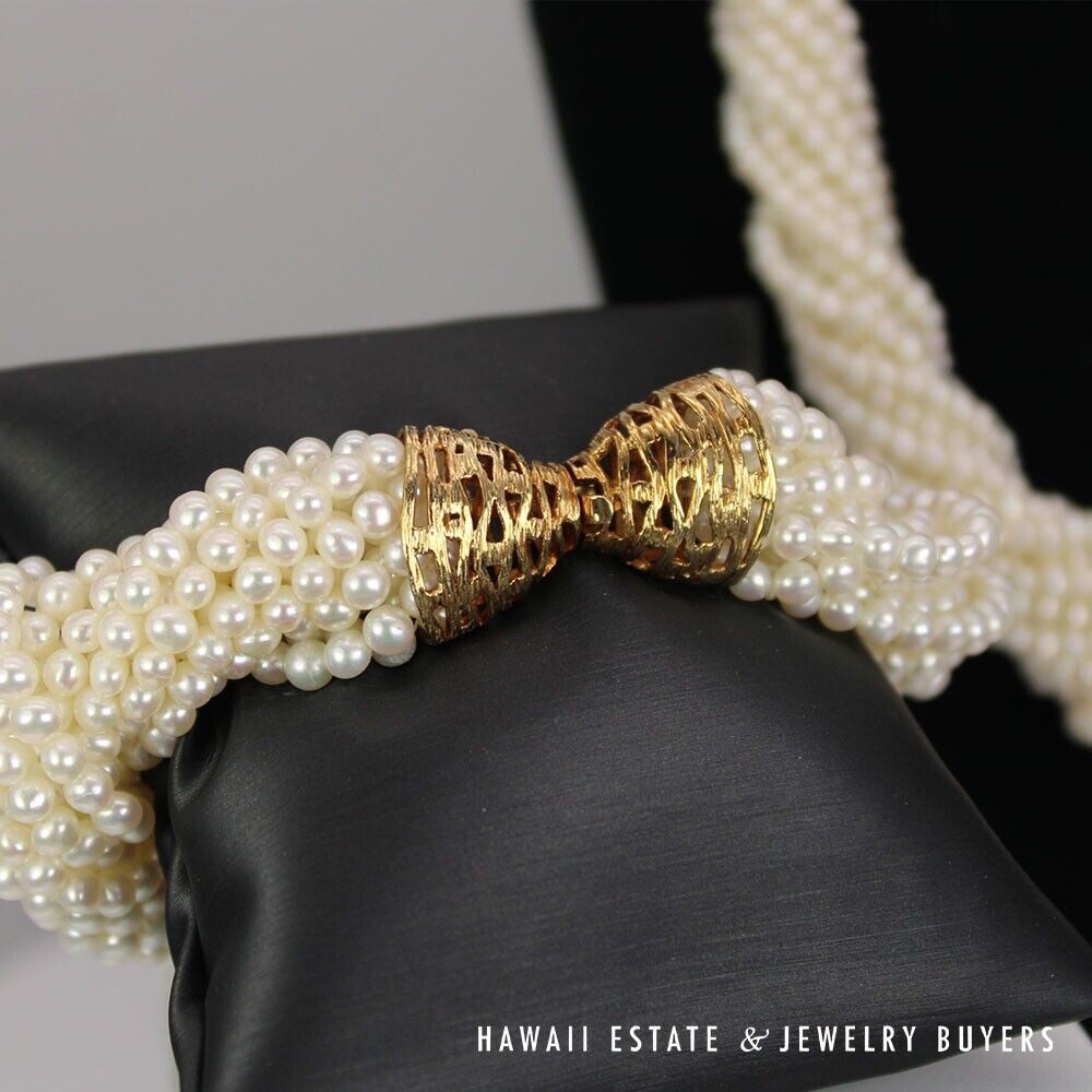 Multi-Strand Pearl Necklace & Bracelet Set 22 Inch with 14K Yellow Gold Clasps - Image 2