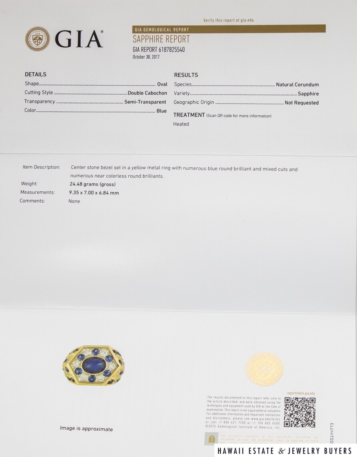 GIA 24.5g 18KYG/PLATINUM SAPPHIRE AND DIAMOND RING SIZE 7 - Image 5