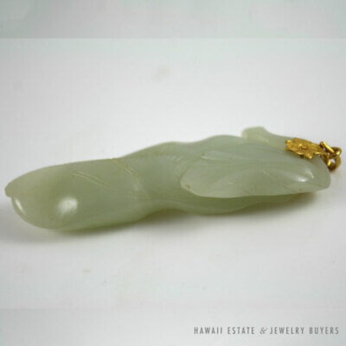Chinese Carved Pale Green Jade Leaf & Fruit Pendant with Yellow Gold Floral Bail - Image 3