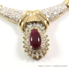 Ruby Cabochon & Diamond 14K Yellow Gold Herringbone Drop Necklace 17 Inch