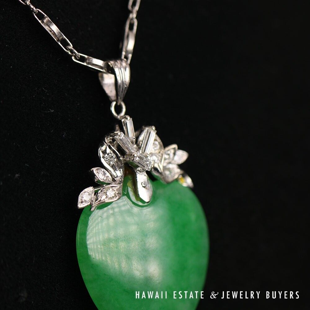 GIA Rare Apple Green Jade Shield 0.25ctw Diamond 18K White Gold Pendant Necklace - Image 3