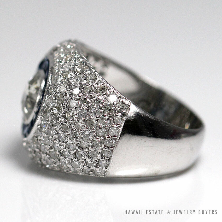Estate 0.98ct European Diamond w/ Natural Sapphires & 1.50ctw Diamonds Setting Platinum Ring - Image 5