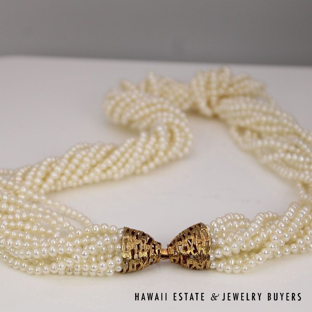Multi-Strand Pearl Necklace & Bracelet Set 22 Inch with 14K Yellow Gold Clasps - Image 6