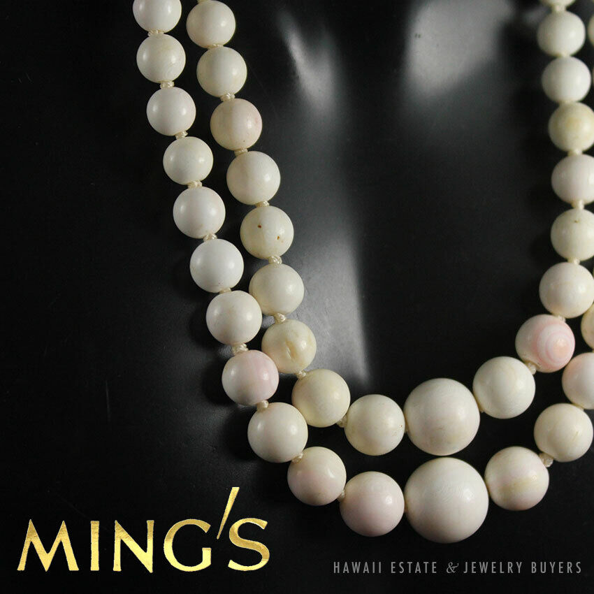 MING'S HAWAII ANGEL SKIN CORAL 11-4MM GRADUATED BEAD 14K WHITE GOLD SIGNED CHOKER NECKLACE 13" - Image 2