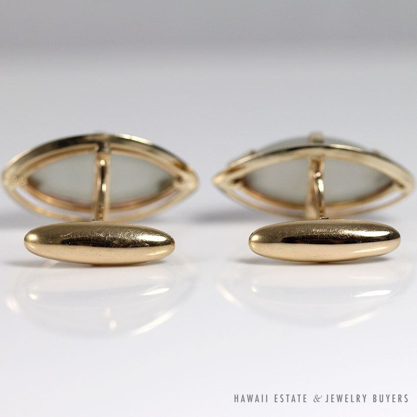 White Jade Marquise Cabochon 14K Yellow Gold Cufflinks with Toggle Back - Image 2