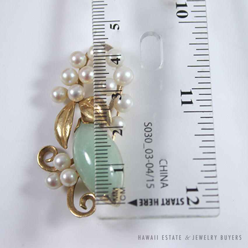 Ming's Hawaii Natural Green Jade & Cultured Pearl Floral Branch 14K Yellow Gold Brooch - Image 9