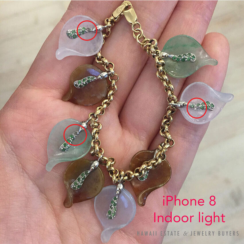 Carved Multi-Color Jade Leaf Charm 14K Yellow Gold Bracelet 7.5 Inch - Image 11