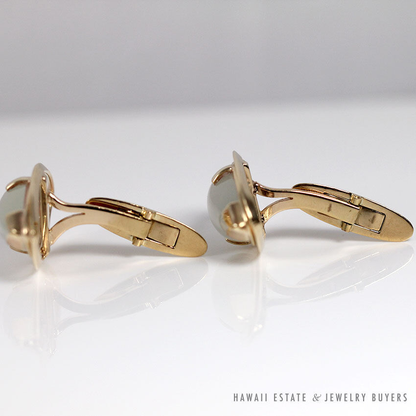 White Jade Marquise Cabochon 14K Yellow Gold Cufflinks with Toggle Back - Image 5