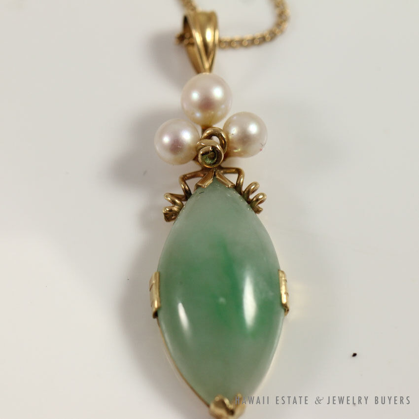 MING'S HAWAII JADE & PEARL EARRINGS NECKLACE BROOCH BRACELET COMPLETE SET W/ BOX - Image 9
