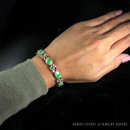 VINTAGE BURMESE JADEITE JADE & DIAMOND FLORAL 14K YELLOW GOLD BRACELET W/ GEMOLOGIST APPRAISAL - Image 8