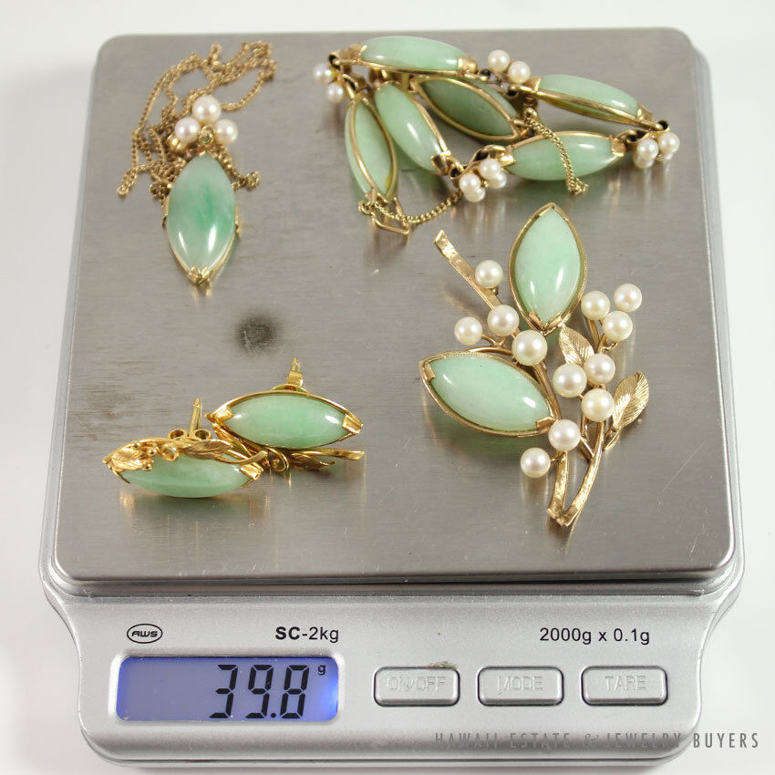 MING'S HAWAII JADE & PEARL EARRINGS NECKLACE BROOCH BRACELET COMPLETE SET W/ BOX - Image 11