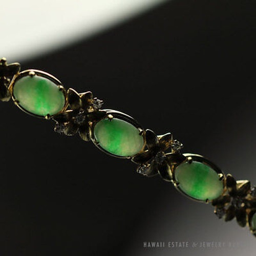 VINTAGE BURMESE JADEITE JADE & DIAMOND FLORAL 14K YELLOW GOLD BRACELET W/ GEMOLOGIST APPRAISAL - Image 6