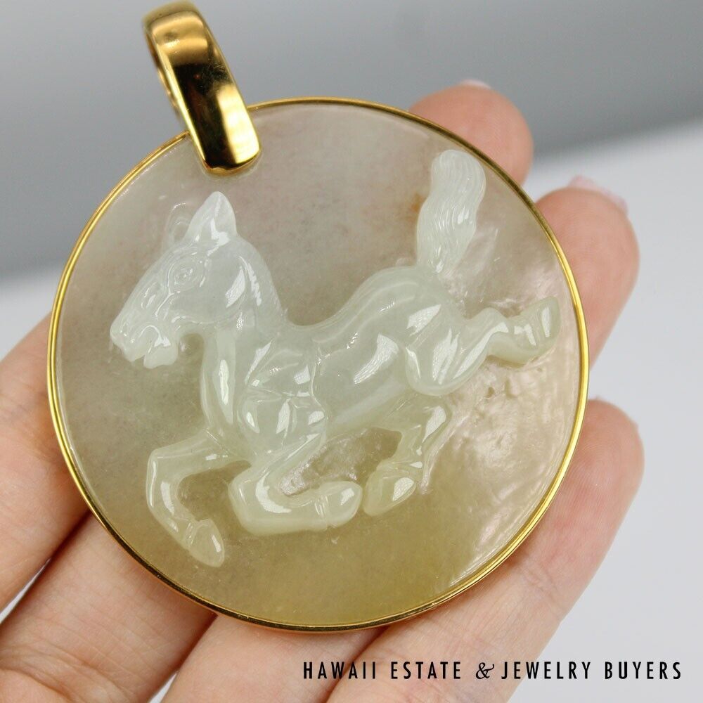 GIA Natural Jadeite Jade 18k Yellow Gold Horse Circle Large Pendant - Image 11