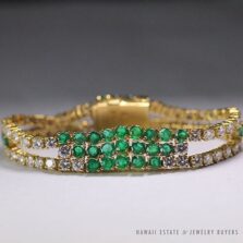 Signed Bernard Hurtig Green Emerald Diamond 18K Yellow Gold Bracelet with Box