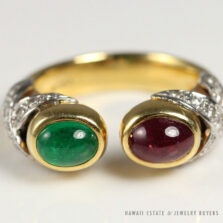 VINTAGE NATURAL RUBY & EMERALD CABOCHON 18K YELLOW GOLD WRAP X RING W/ APPRAISAL