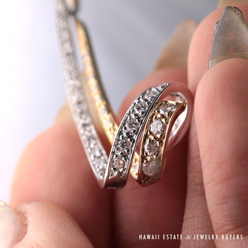 Diamond Pave Two-Tone 14K White Yellow Gold Ribbon Pendant - Image 6