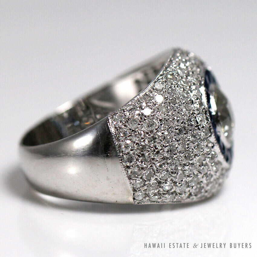 Estate 0.98ct European Diamond w/ Natural Sapphires & 1.50ctw Diamonds Setting Platinum Ring - Image 6