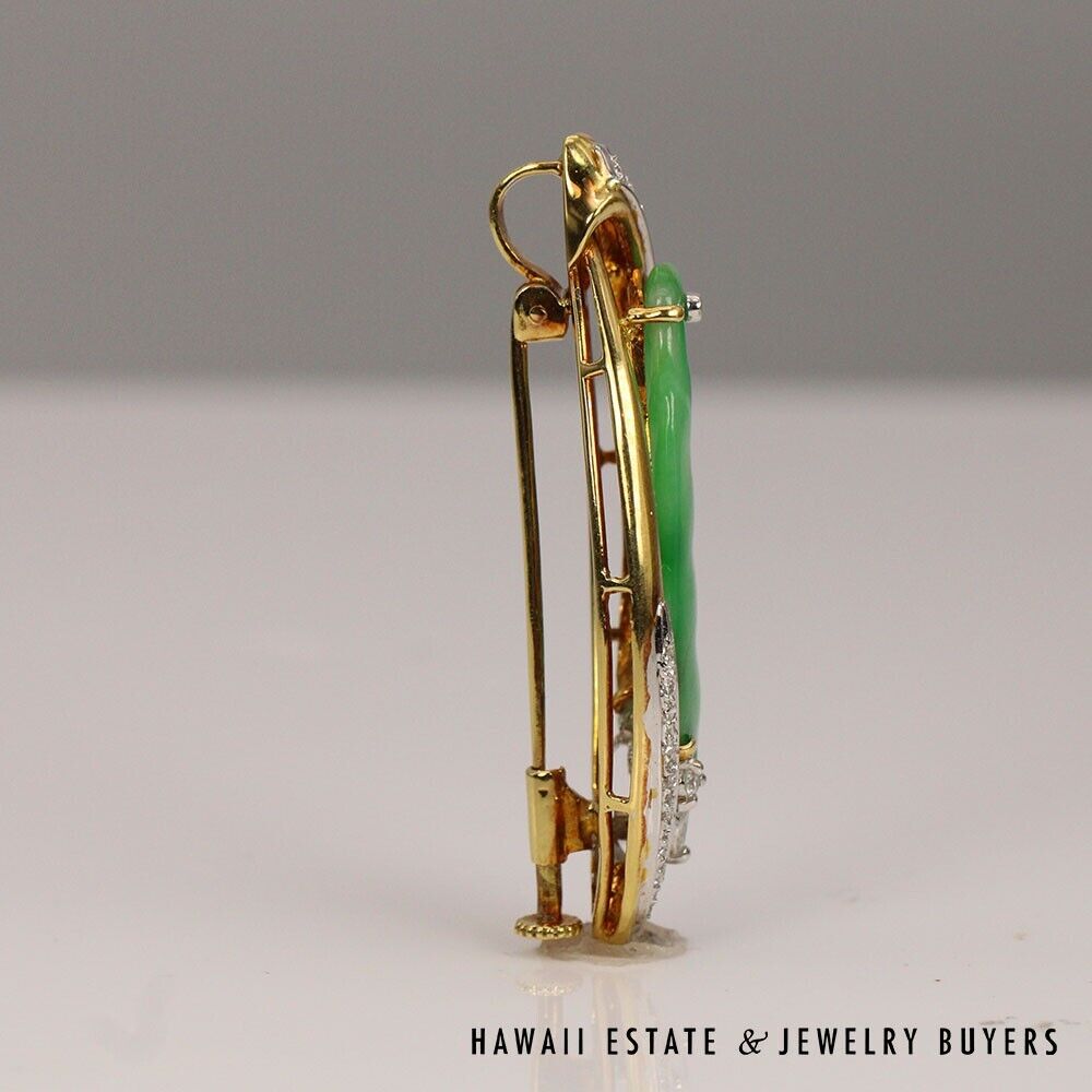 GIA Grade A Green NATURAL Jadeite Jade 0.66ctw Diamond 18K Yellow Gold Brooch - Image 6