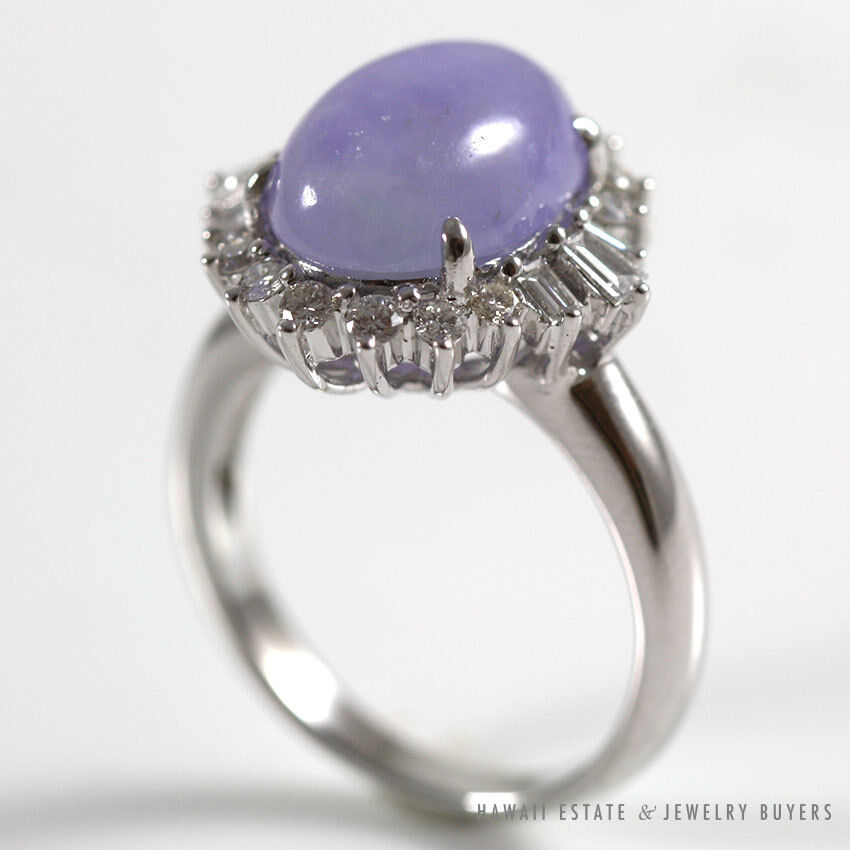Light Purple Jadeite Jade & Diamond Halo Ring in 18K White Gold Size 6.5 - Image 2