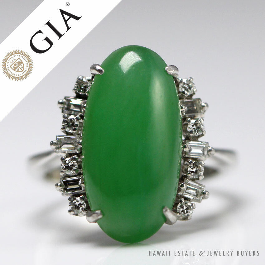 GIA Natural a Jade Green Translucent Cabochon 0.36ctw Diamond Platinum Ring Sz 6