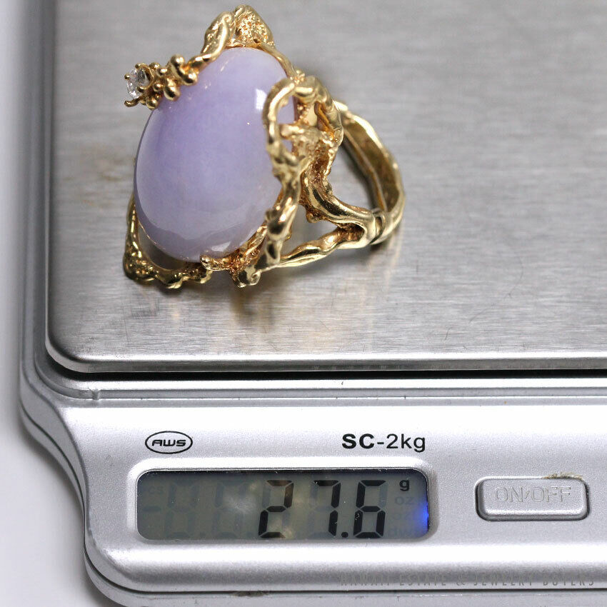 Lavender Jade Cabochon & Diamond 14K Yellow Gold Free Form Branch Ring Size 5 - Image 11
