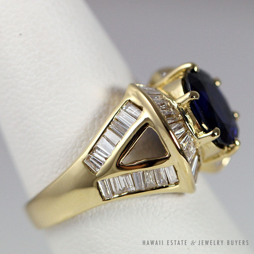 Le Vian Oval Blue Sapphire Baguette Diamond 18K Yellow Gold Ring Size 6.5 - Image 2