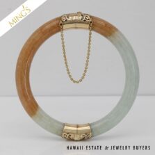 MING'S 42.9g 14KYG GREY & BROWN JADE HINGED BANGLE BRACELET SIZE 7