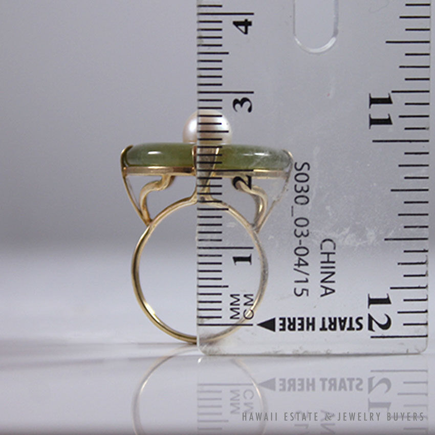 Ming's Hawaii Natural Green Jade Do-nut W/ Cultured Pearl 14K Yellow Gold Ring - Image 9