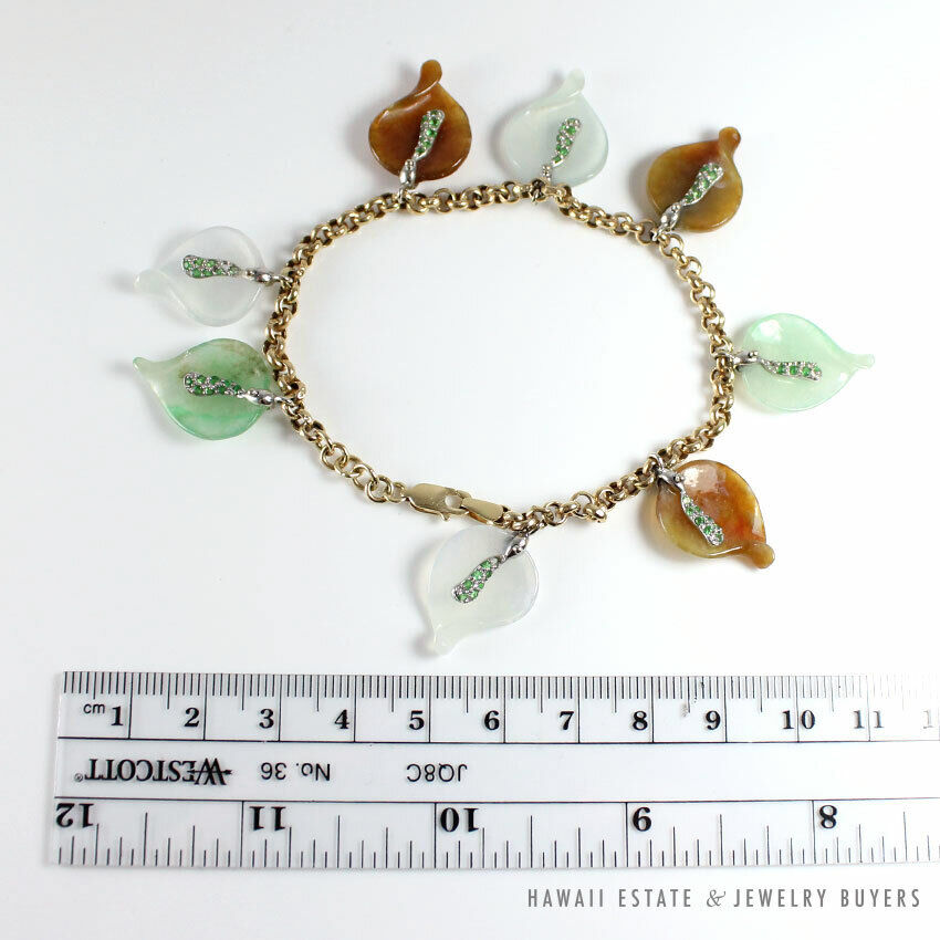 Carved Multi-Color Jade Leaf Charm 14K Yellow Gold Bracelet 7.5 Inch - Image 8