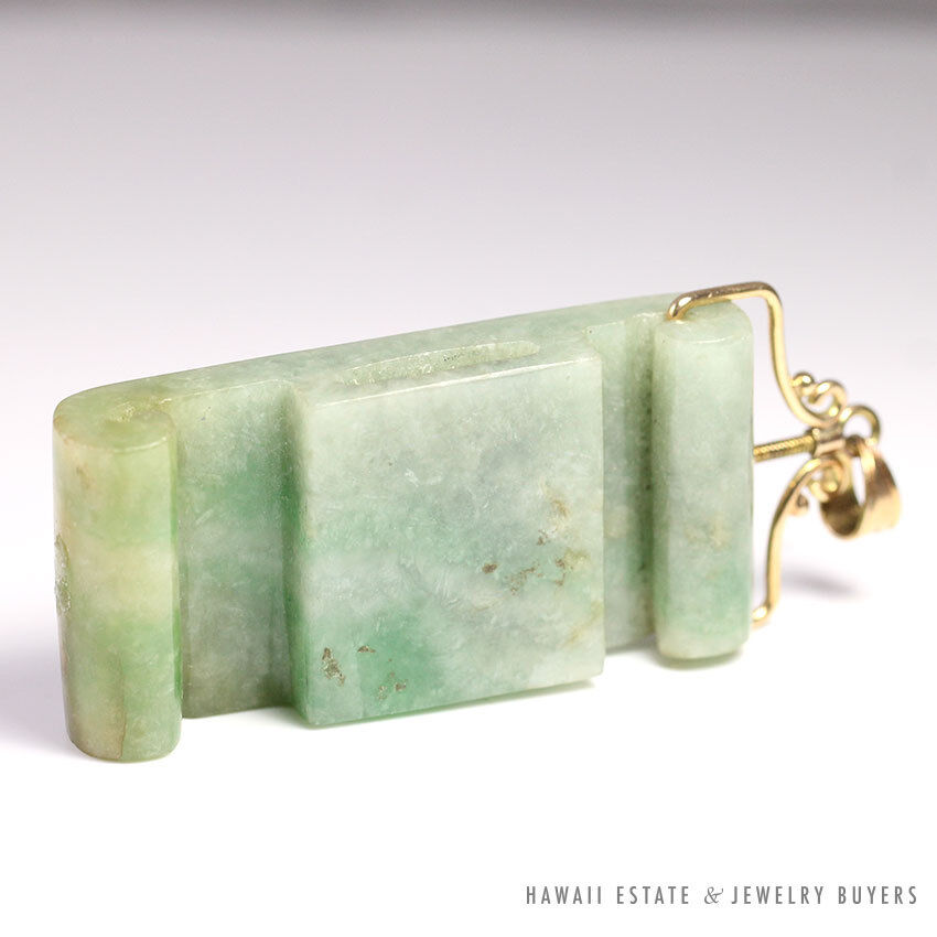 Carved Mottled Green Jade Belt Piece Pendant with Removable 14K Yellow Gold Bale - Image 4