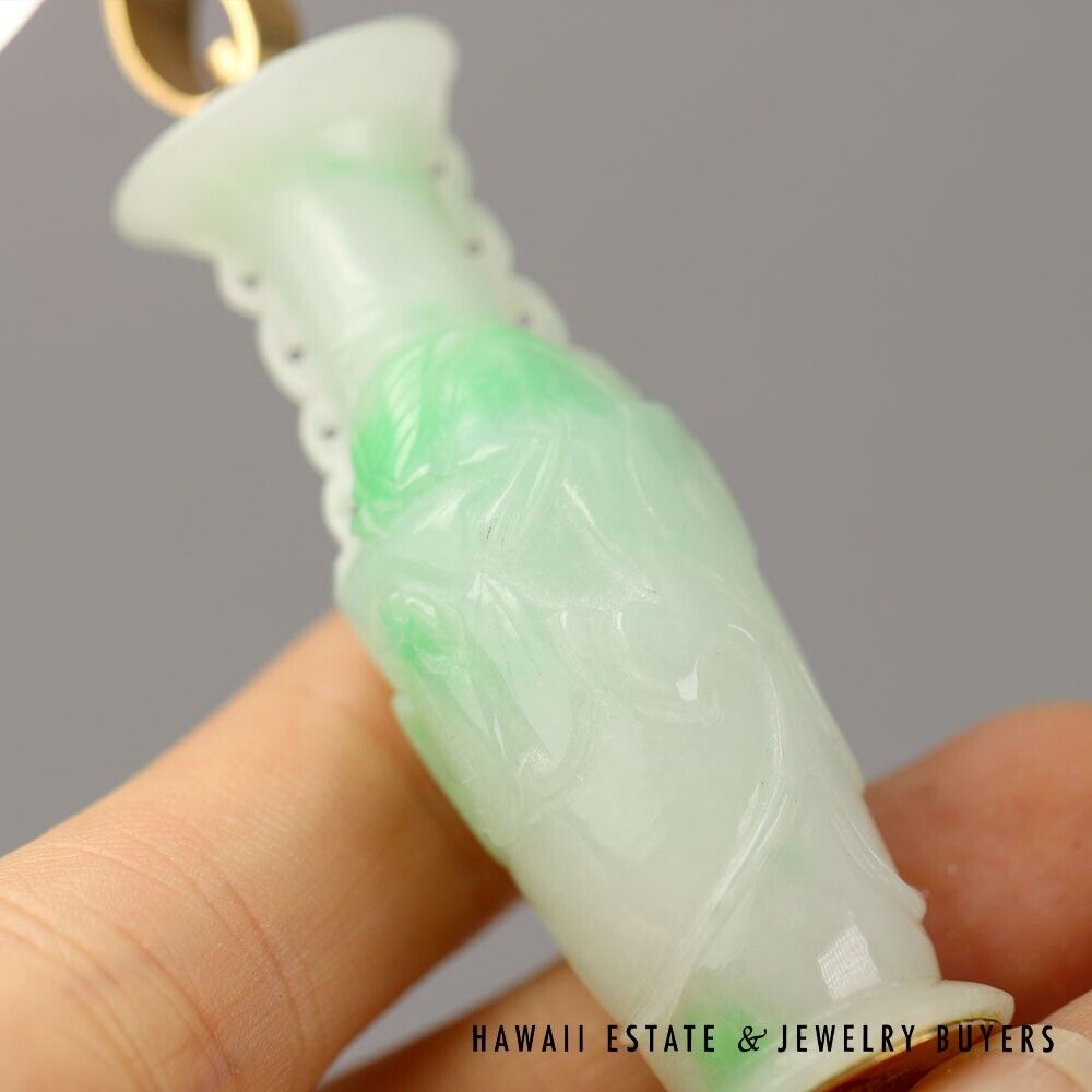 Hildgund Dawkins & Benny Carved Moss in Snow Jade Vase Pendant with 14K Gold Cap - Image 3