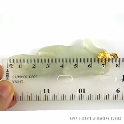 Chinese Carved Pale Green Jade Leaf & Fruit Pendant with Yellow Gold Floral Bail - Image 9