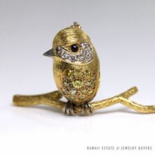 Pave Diamond Black Onyx Cabochon 18K Yellow Gold Chickadee Bird Brooch Pin