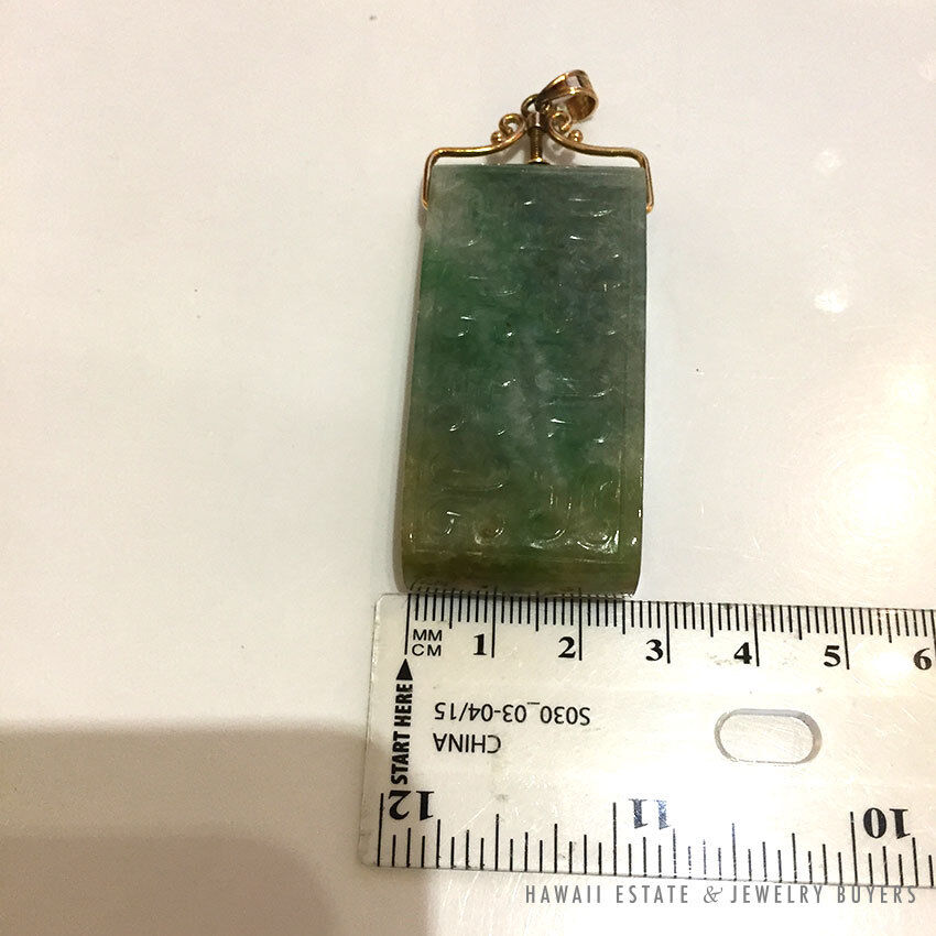 Carved Mottled Green Jade Belt Piece Pendant with Removable 14K Yellow Gold Bale - Image 11
