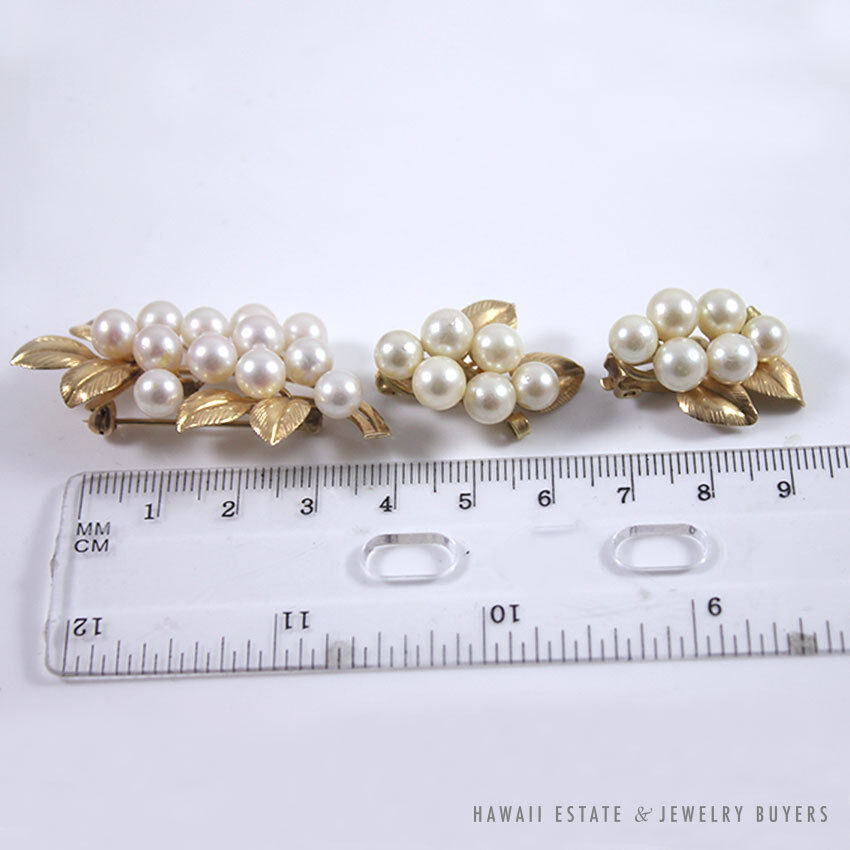 Ming's Hawaii Pearl Cluster 14K Yellow Gold Brooch & Clip Earrings Set - Image 11