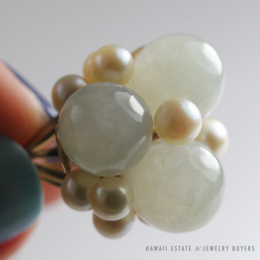 Pale Green Jade & Cultured Pearl 14K Yellow Gold Cluster Dome Ring Size 5 - Image 9