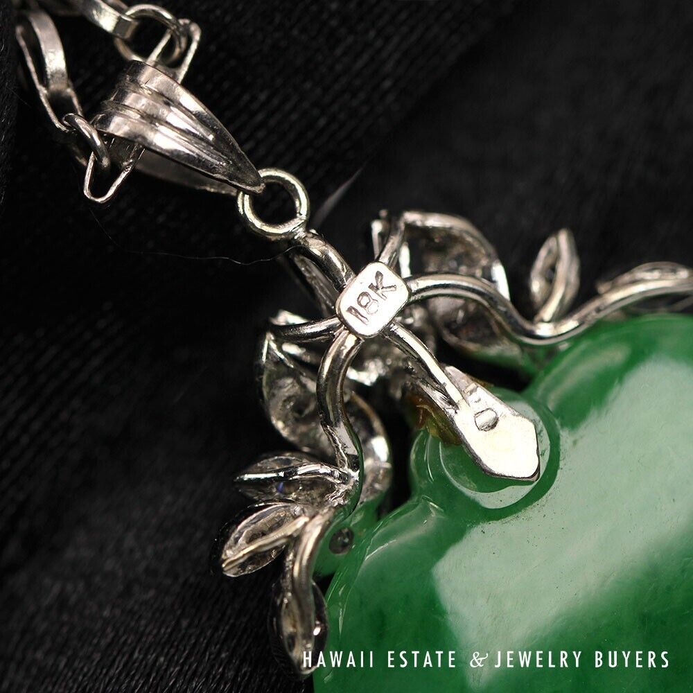 GIA Rare Apple Green Jade Shield 0.25ctw Diamond 18K White Gold Pendant Necklace - Image 6